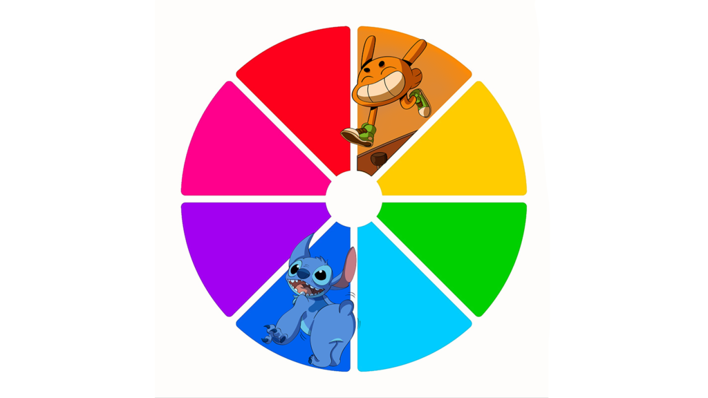 Círculo cromático com personagens da sua cor, feito pelos nossos professores para a trend do Color Wheel. Exemplificando a Teoria das Cores e sua influência nos personagens.