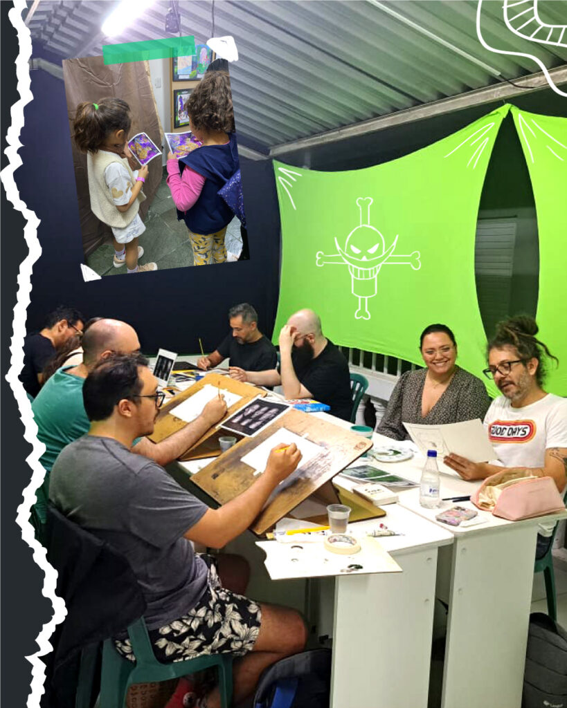O que acontece quando você entra na Kinoene? Alunos adultos de pintura em tela em sua aula. 